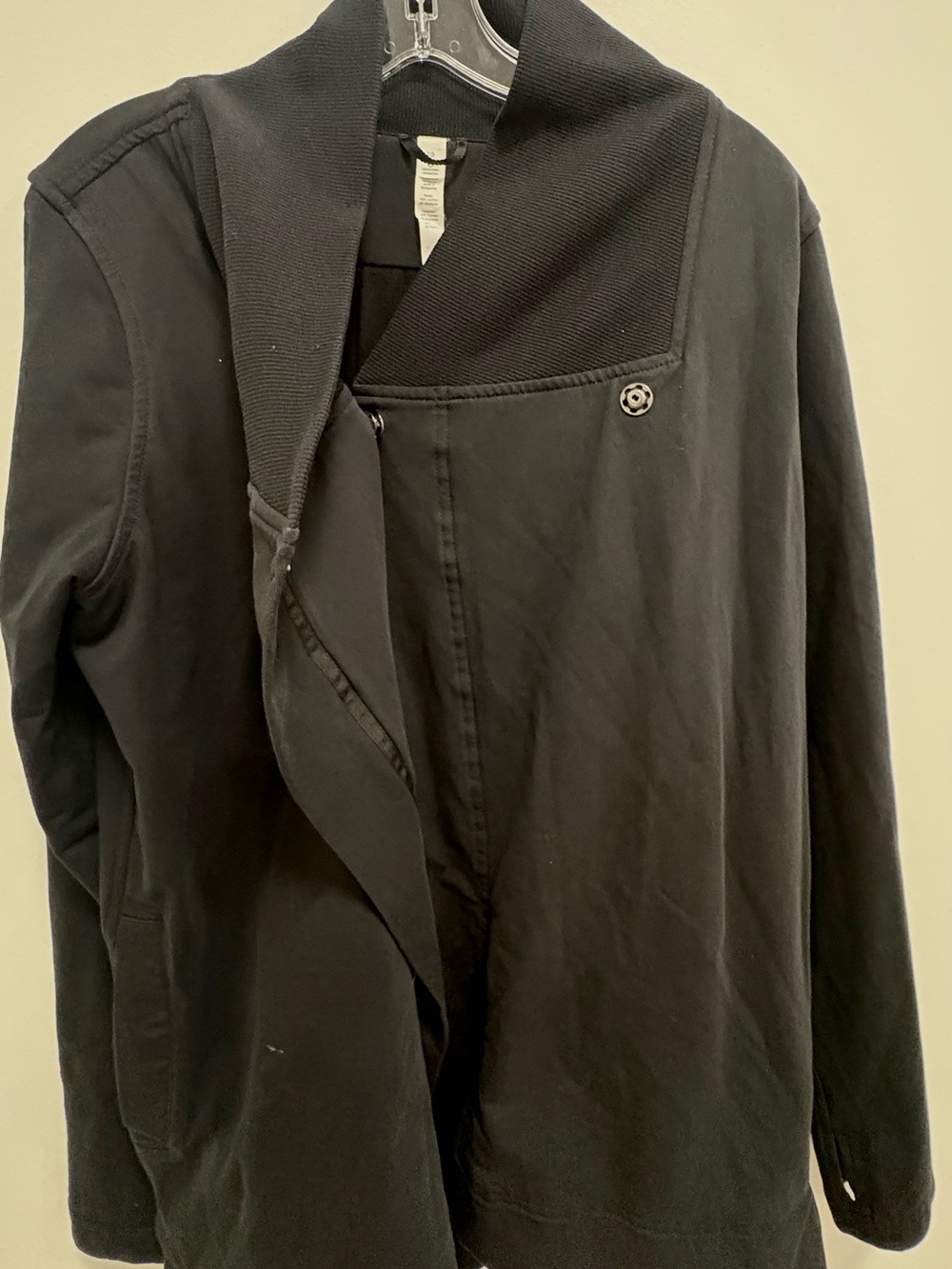 Lululemon athletic Black Asymmetrical Jacket Size 10 | Draped Snap Collar - Picture 3 of 9